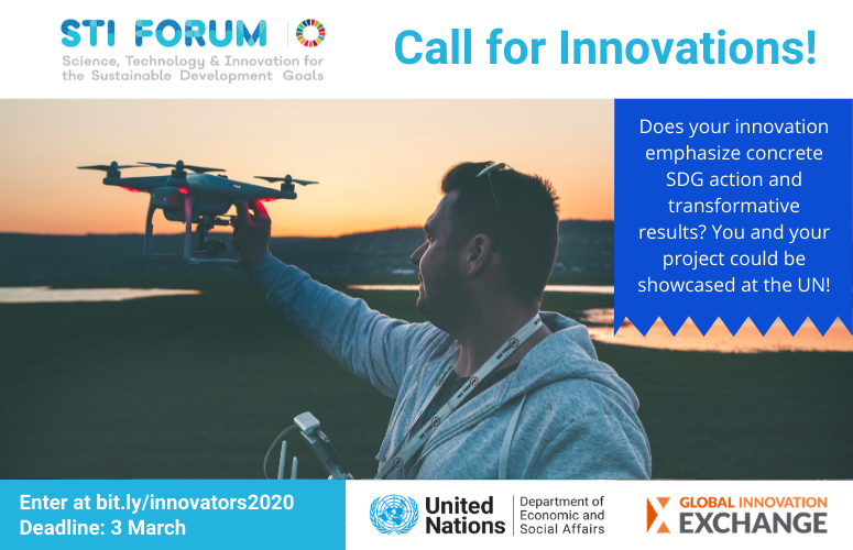 🤖Do you have an #innovation for #SDGs?🛰️
Submit it for a chance to present it at <a href="/UN/">United Nations</a>'s #Tech4SDGs Forum this year: 
bit.ly/innovators2020

<a href="/GlobalInnovEx/">Global Innovation Exchange</a> | <a href="/SustDev/">UN DESA Sustainable Development</a>