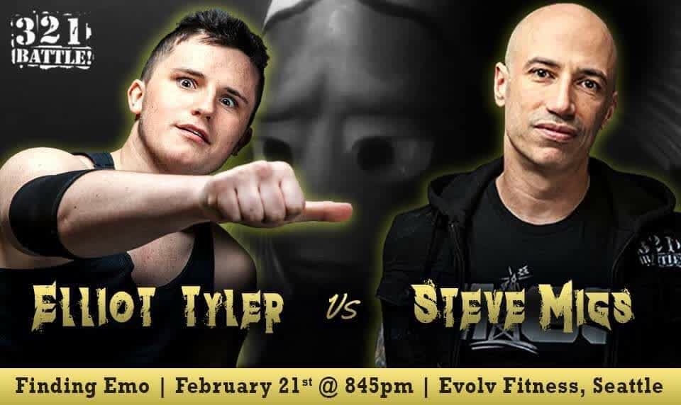 Verified Champion and bonafide “Local Celebrity” Steve Migs takes on one half of the Strays, Elliot Tyler, for the first time ever tonight in Seattle! If you can’t make it out to the Battle Palace, you can catch the live steam at Twitch.tv/321Battle at 8:45pm PST!