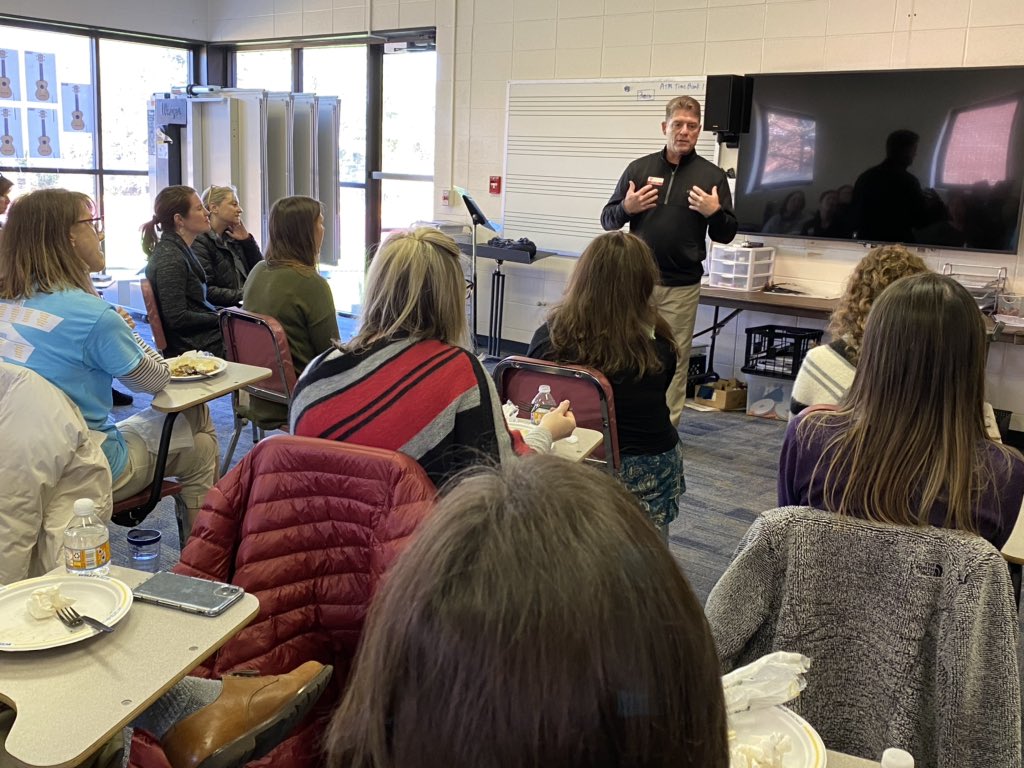 HEBradford's tweet photo. As part of our faculty learning around storytelling, Coach Healy shares his story and his “why” for teaching with Fine Arts faculty. @HIESbears @HIESAthletics @HDomescik https://t.co/z0ZrJO0o21