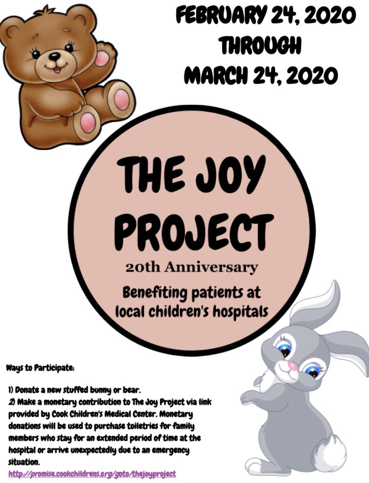 We are excited to partner with The Joy Project. Drop off a new stuffed bunny or bear during the next month starting Monday or see the link below for a monetary donation. 
promise.cookchildrens.org/goto/thejoypro…

#thejoyproject #cookchildrenshospital #care #spreadjoy