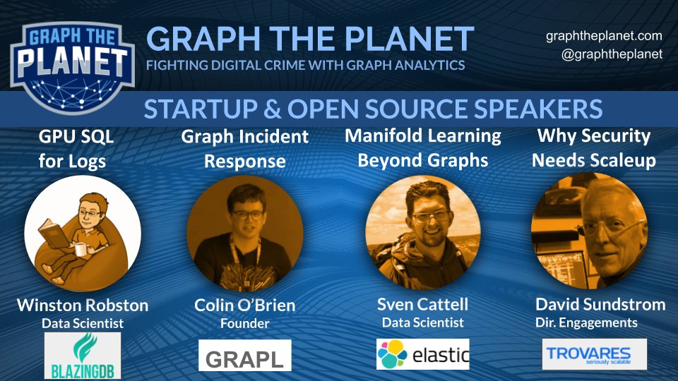 graphtheplanet's tweet image. Two big announces for graphtheplanet.com:

-- Startups &amp;amp; Open Source! @blazingsql @InsanityBit @comathematician (@elastic ), Trovares, &amp;amp; @TigerGraphDB !

-- A few more tickets opened up for the weekend!

#GraphThePlanet