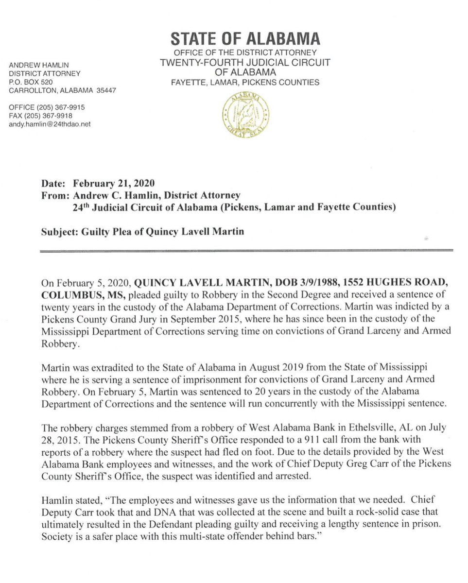 ChelseaBarton_'s tweet photo. MAN PLEADS GUILTY TO BANK ROBBERY— Quincy Lavell Martin pleaded guilty to Robbery in the Second Degree and received a sentence of 20 years in prison. 

Martin’s robbery charges stemmed from the robbery of the West Alabama Bank in Ethelsville in July of 2015. @wvua23 https://t.co/t9AITOKNP8