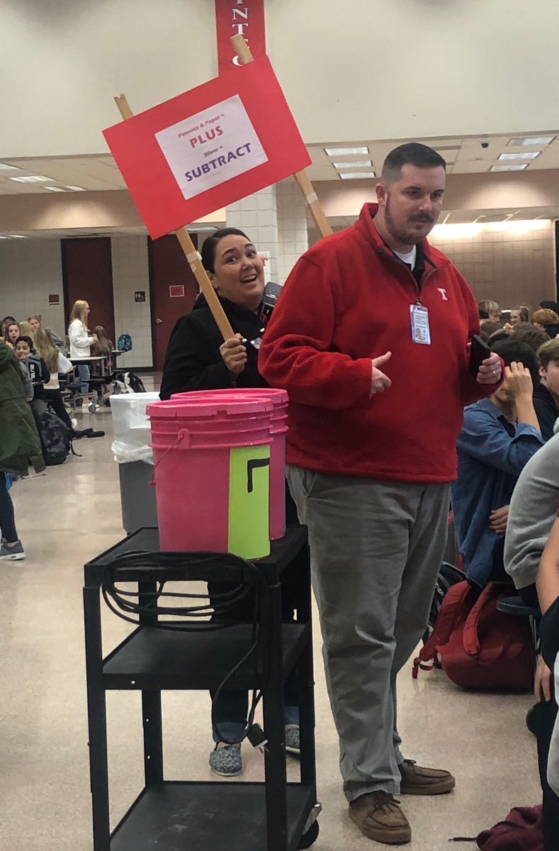 TISDTJHS's tweet photo. Penny Wars happening now!!! @Grantquist and @ADominguezTISD making the rounds at lunch to tell students about what’s at stake for 7th and 8th grade (snow cones and staff karaoke)!! https://t.co/RQysluiud8