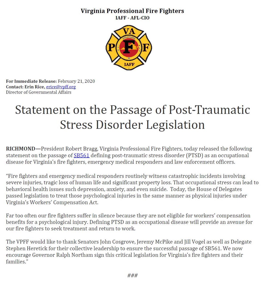 IAFF4145's tweet photo. After years of fighting, the Virginia General Assembly has passed legislation that ensures psychological injuries are treated the same as a physical injury for Virginia’s firefighters and law enforcement officers. https://t.co/jwJde9z1Ik