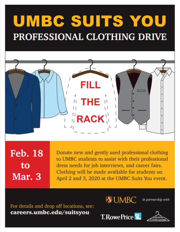 UMBCcareers's tweet photo. Are you looking to get rid of clothing that no longer "sparks joy?" Consider donating professional clothing to our UMBC Suits You clothing bins around campus! Locations can be found here: https://t.co/wEQpyQQrsu https://t.co/v5iK0olRqS