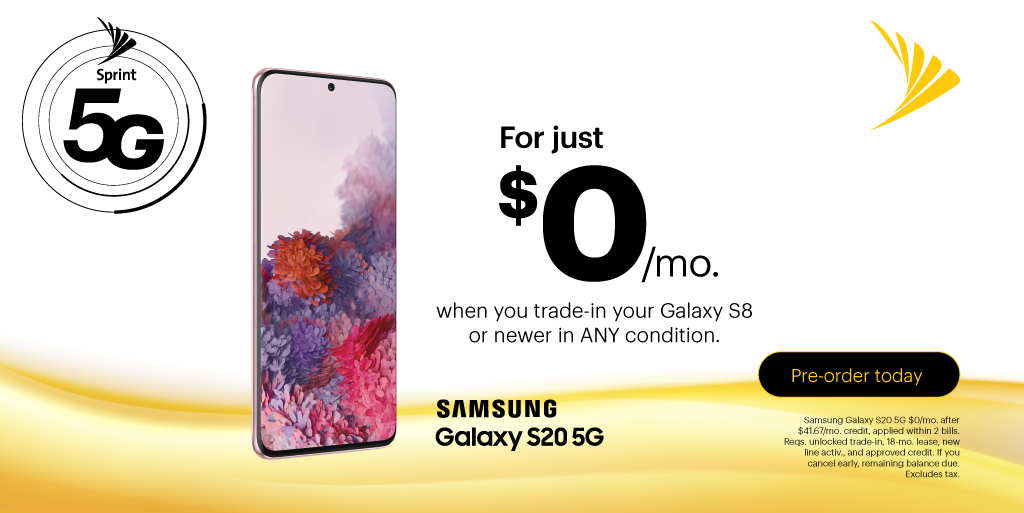 Sprint4NoCal's tweet photo. The next generation of Galaxy has arrived at #Sprint and it’s 5G ready! Pre-order the Samsung Galaxy S20 5G for $0/mo. with Sprint Flex lease when you trade in your Galaxy S8 or newer in ANY condition.

#NorCal #Mobile #Network @suehyun_chung @KevinMurray3 @NorCalRetail https://t.co/WQtIub5nBg