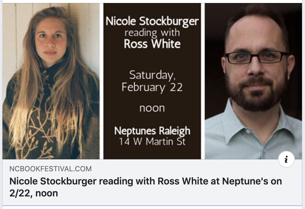 Live in The Triangle? <a href="/UNCG/">UNCG</a> alum <a href="/highcountrycole/">Nicole Stockburger</a> will be reading with <a href="/rosswhite/">Maybe: Ross White</a> tomorrow at noon at <a href="/NeptunesParlour/">Neptunes Parlour</a> | bit.ly/38Q1Sn4 

<a href="/ncbookfest/">North Carolina Book Festival</a> <a href="/mfagreensboro/">UNCG Creative Writing</a> <a href="/UNCG_ENG/">UNCG English Department</a> <a href="/UNCGAlumni/">UNCG Alumni</a> #UNCGWay