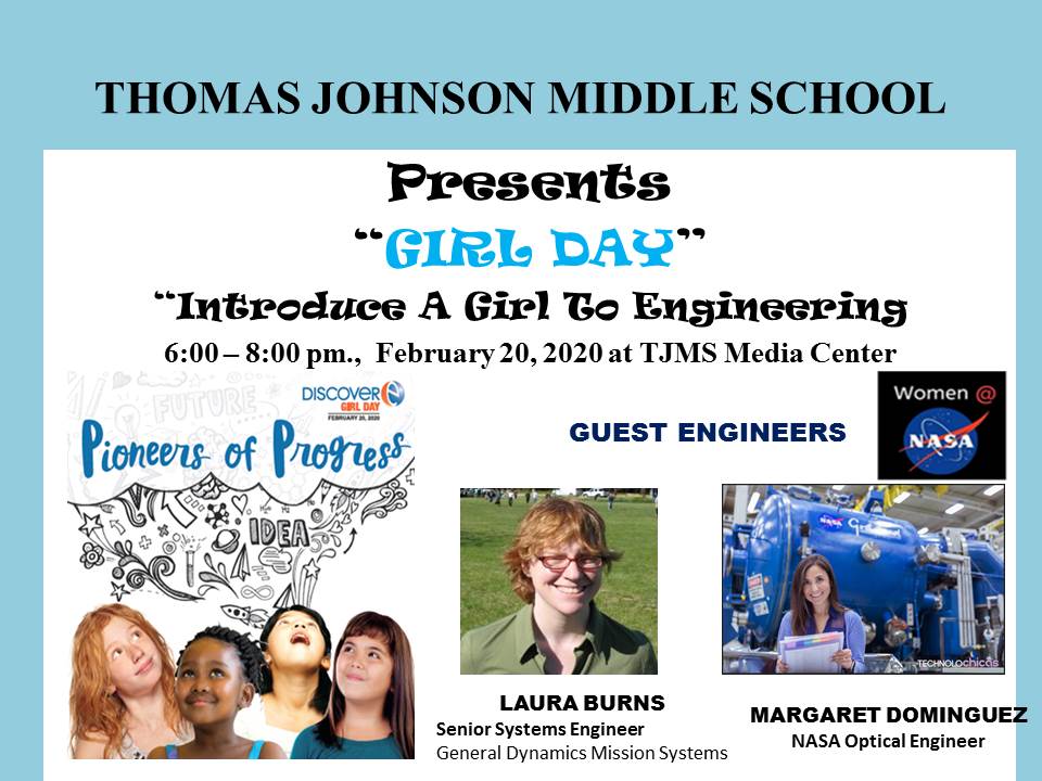 DaisyRayela's tweet photo. #GirlDay at Thomas Johnson MS in Lanham. Thank you to NASA engineers Laura Burns and Dr. Margaret Dominguez for introducing girls of TJMS to Engineering.  Amazing presenters and STEM Role Models (2/20/20). @pgcps @PGCPSSTEM, @TJMSOfficial  @DiscoverEorg https://t.co/IpZGLlgIYC