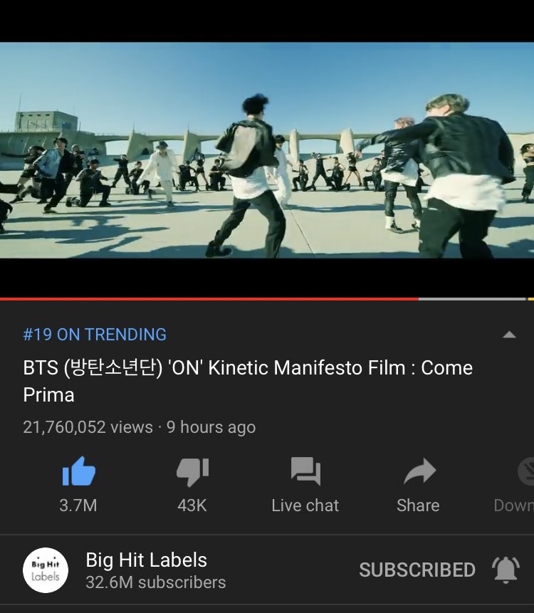 🎶 YOUTUBE STATS 🎶
⏰ 3:27AM kst | Feb 22
👀 21.7M
👍🏻 3.7M
Ami streaming rate is very slow 🐌
➝ #KCA + #VoteBTS + (@BTS_twt)