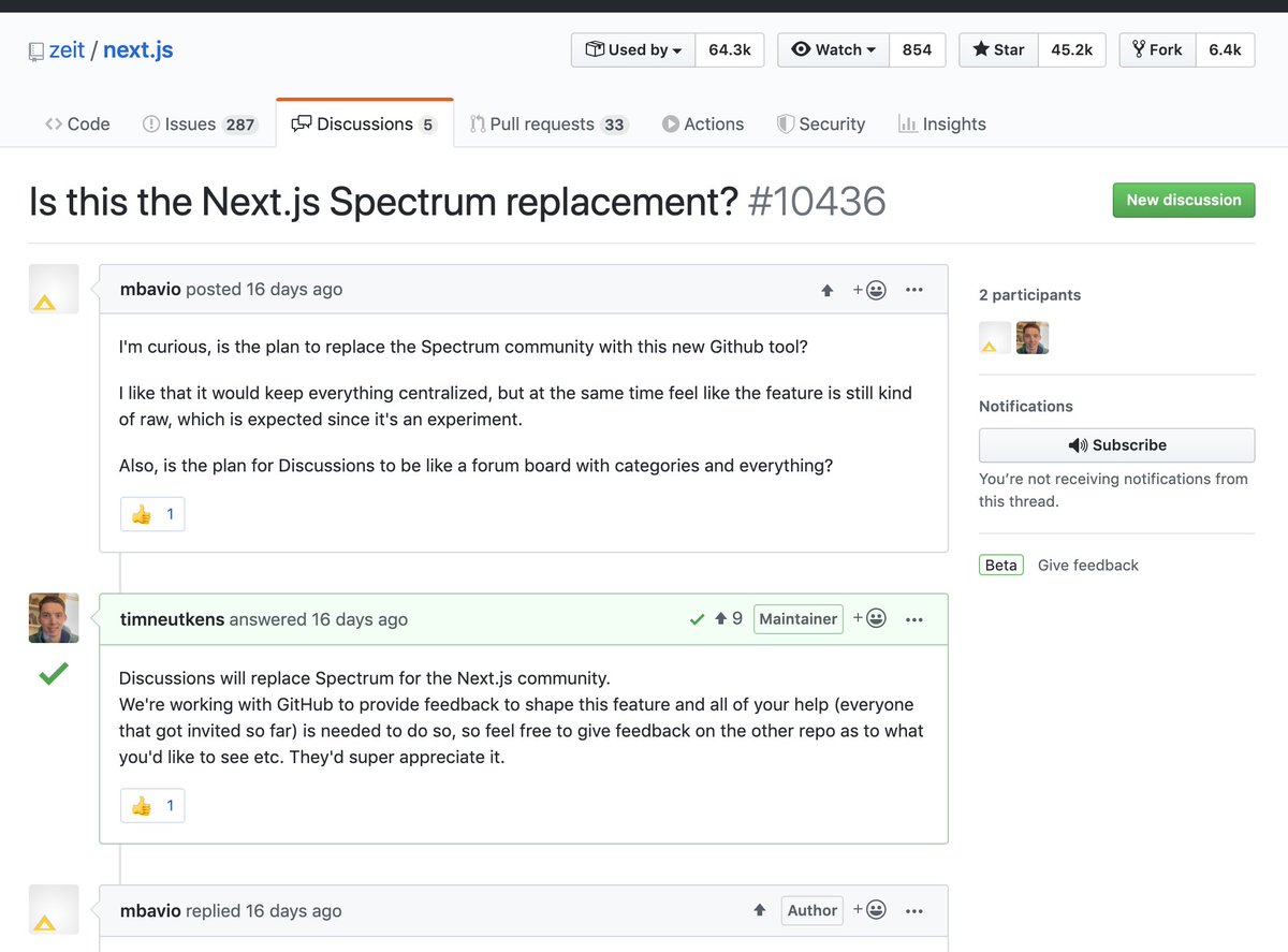 jbrancha's tweet image. Looks like @github has a Discussions feature in beta that should help with a lot of those conversations that end up in Issues that aren&apos;t actually issues. github.com/zeit/next.js/d…