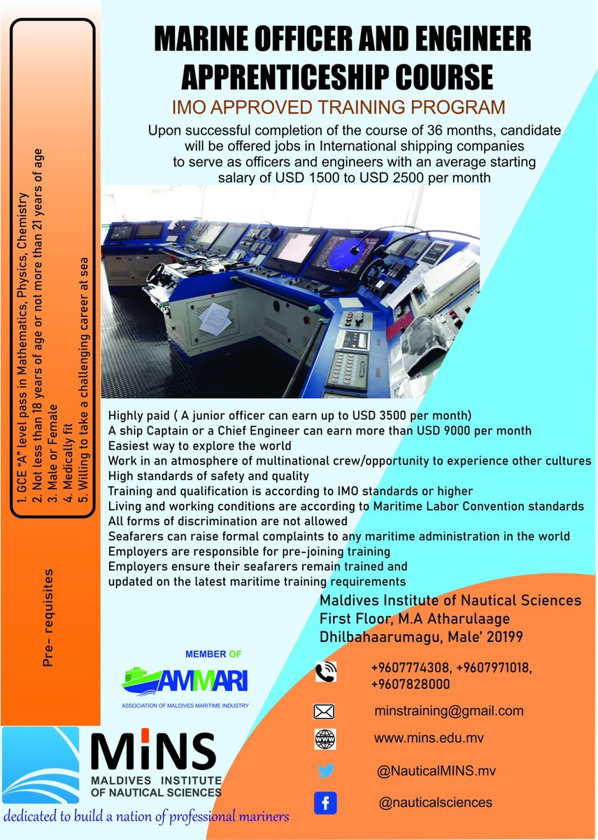 Marine officer and engineer apprenticeship course. To enrol kindly call 7971018,7828000, 7774308. Limited seats. Please apply now