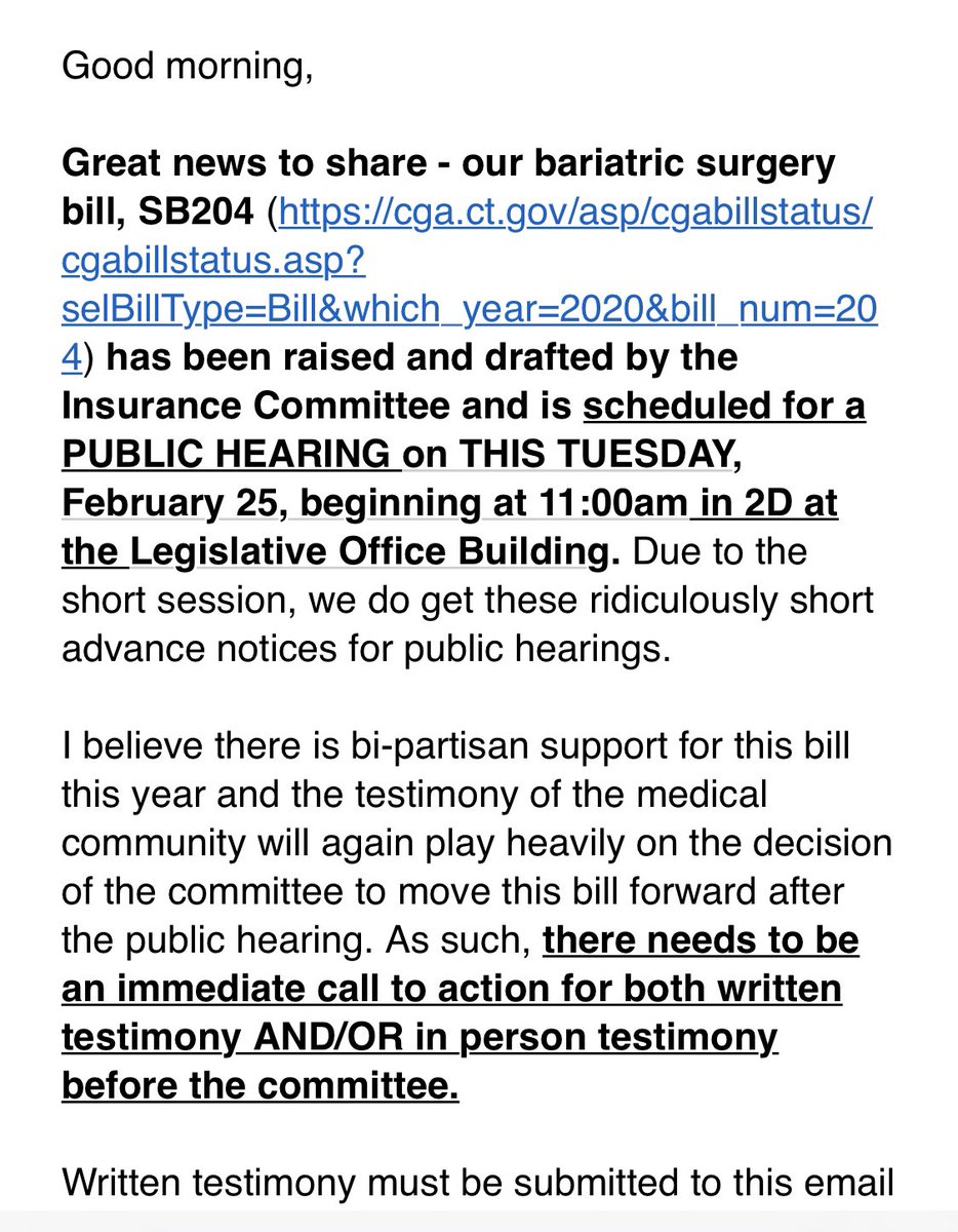 NeilFlochMD's tweet photo. BREAKING!!! 
Great news to share - our bariatric surgery bill, SB204 (https://t.co/ayjhCpYFqQ) has been raised and drafted by the Insurance Committee and is scheduled for a PUBLIC HEARING on THIS TUESDAY, February 25, beginning at 11:00am in 2D at the Legislative Office Building. https://t.co/pSa7gynQhk