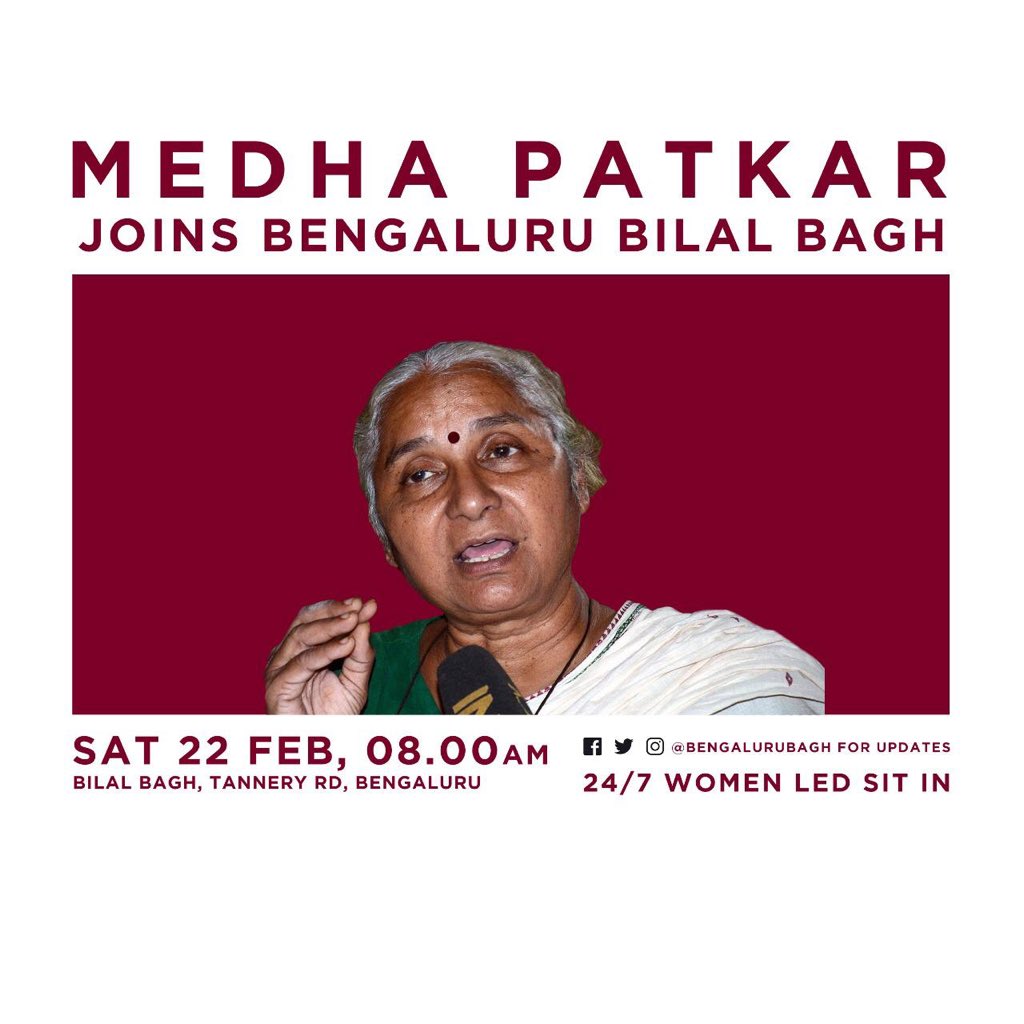 BangaloreBagh's tweet photo. Medha Patkar  Wil be Joining @BengaluruBagh on DAY 15 8:00am, to share songs, and words of solidarity. She will be observing a one day fast in memory of Moulana Abul Kalam Azad - do consider joining. https://t.co/RaqQIO2Bex