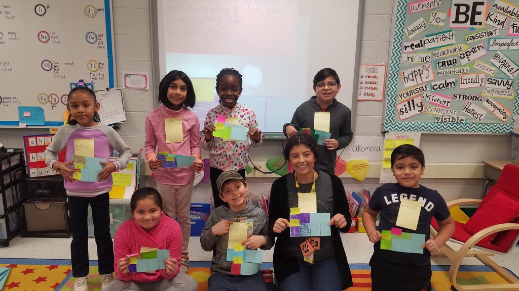 MrsKomosaClass's tweet photo. Students create fraction story  problems for the class to solve.  Classmates use their fraction strips to justify  their answers.   Ms. Schmidt  joined in on our lesson today! @CArmendarizMxwl @McGannMr @MsAcosta220 https://t.co/cAYiObAX06