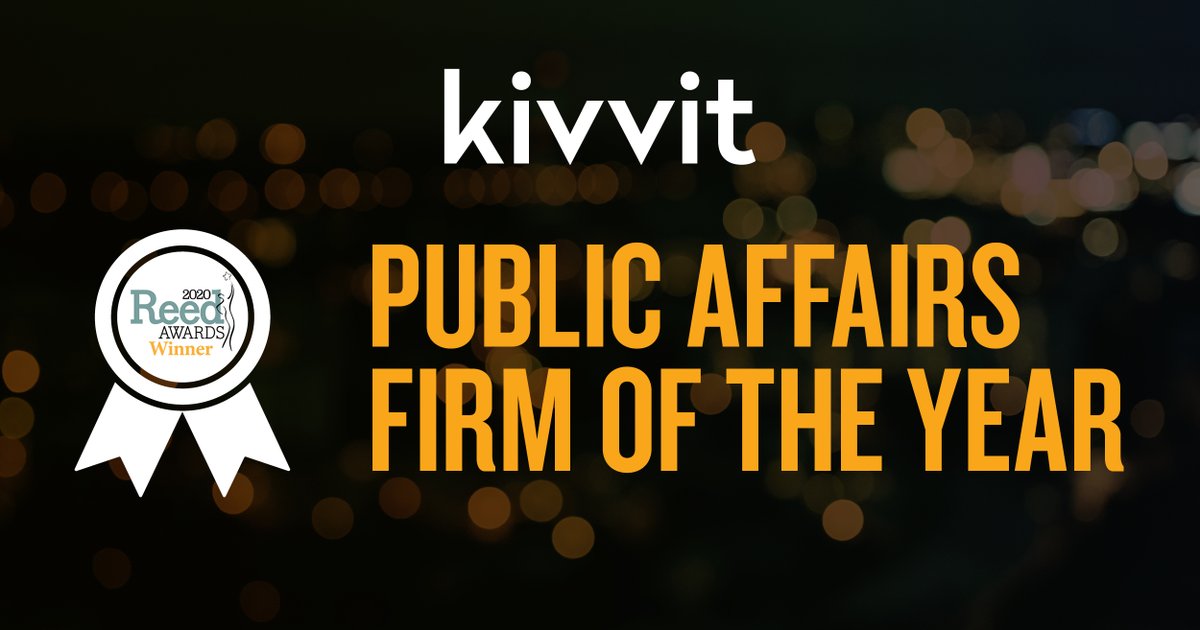 Proud to be named 2020 Reed Awards Public Affairs Firm of the Year! Our passion drives us to take on challenges for our clients with innovative solutions to achieve successful outcomes. Thank you to #TeamKivvit for your hard work &amp; to our clients for giving us the opportunity!