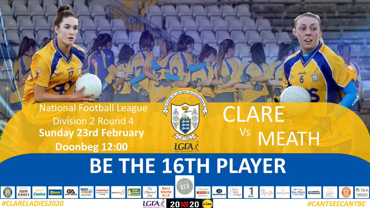 Clarelgfa's tweet photo. Clare take on @meathladiesMLGF in Round 4 of the @lidl_ireland @LadiesFootball National League this Sunday at 12 in Doonbeg.
Come along to support the girls & #BeThe16thPlayer
Every supporter counts ππ
#BackTheBanner #ClareLGFA #SeriousSupport #20x20 #CantSeeCantBe #LGFA https://t.co/vcjj0GWDhh