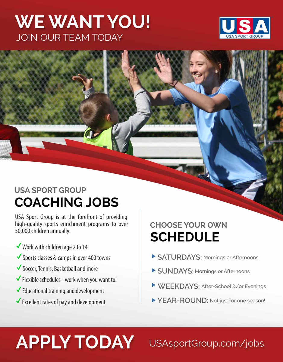USSIsports's tweet photo. Do you have a passion for sports, plenty of energy, enthusiasm and love working with kids? 

USA Sport Group is currently hiring! Full-time, part-time and seasonal coaching positions available. 

For more info and to apply, visit: https://t.co/VCVbPEKvyO https://t.co/lRIjZW6IQw