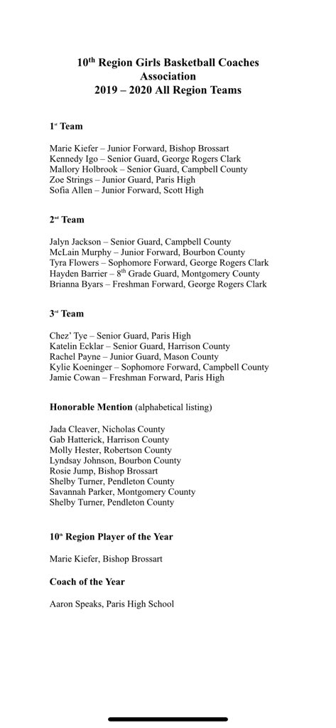 The 10th Region Girls Basketball Coaches Association All-Region teams. Bishop Brossart’s Marie Kiefer was picked as the Player of the Year, Paris’ Aaron Speaks the Coach of the Year.