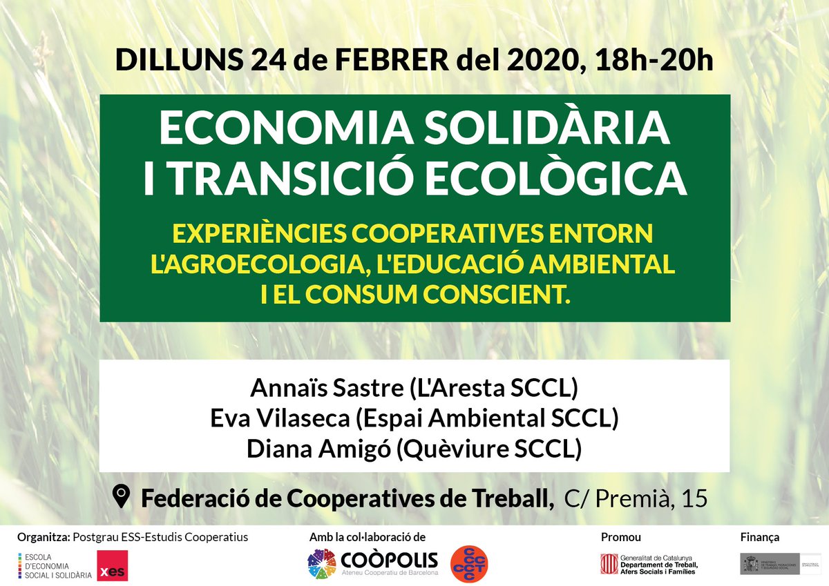 evavilaseca's tweet photo. Impulsar la transició ecològica des de l'Economia Social i Solidària. On som? Principals reptes? Qui ja hi està treballant? En parlarem des de les experiencies d'@EspaiAmbiental, l' @arestacoop i @queviure Aquest dilluns, a la @coopstreball. Us hi esperem! :) #EcologiaESS https://t.co/f44I9pT9WI