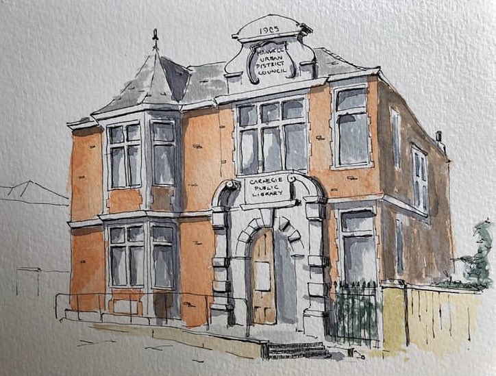 ILoveHanwell's tweet photo. Mr Gibson’s excellent watercolour of #HanwellLibrary https://t.co/QODT8bGFO5 https://t.co/8puDG7l7vP