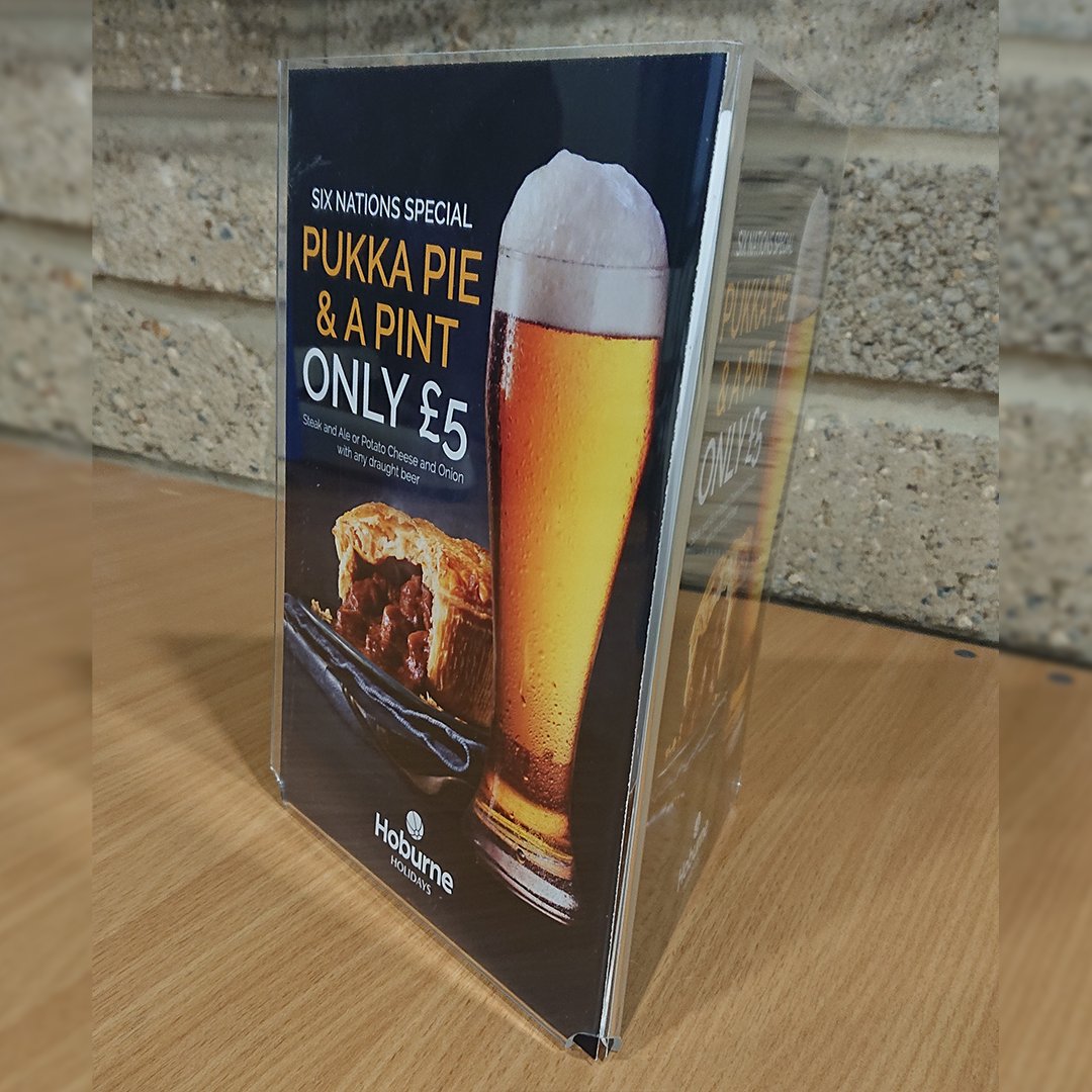 ddprint's tweet image. Hoburne Holiday's wanted to up their menu game, so we made them these smart looking menu stands and delivered them locally, for free. 

Can you envision your own personalised advert stands in your business? Get in contact with us today! #dorsetdigitalprint #sixnations #menustands