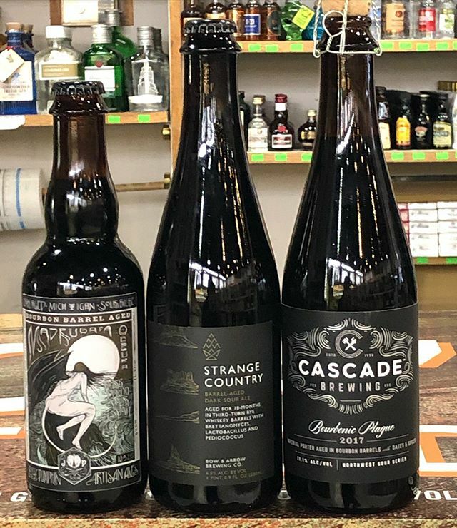 JubilationWine's tweet photo. What a rare time we have three different bourbon barrel aged dark sours. Pick them up before they’re gone to sample with friends or to save for yourself. Cheers!
@jollypumpkin Madrugada Obscura Dark Dawn Sour Stout aged in bourbon barrels. 
@bowandarrowbrewing Strange Countr… https://t.co/tN0InhUqKl