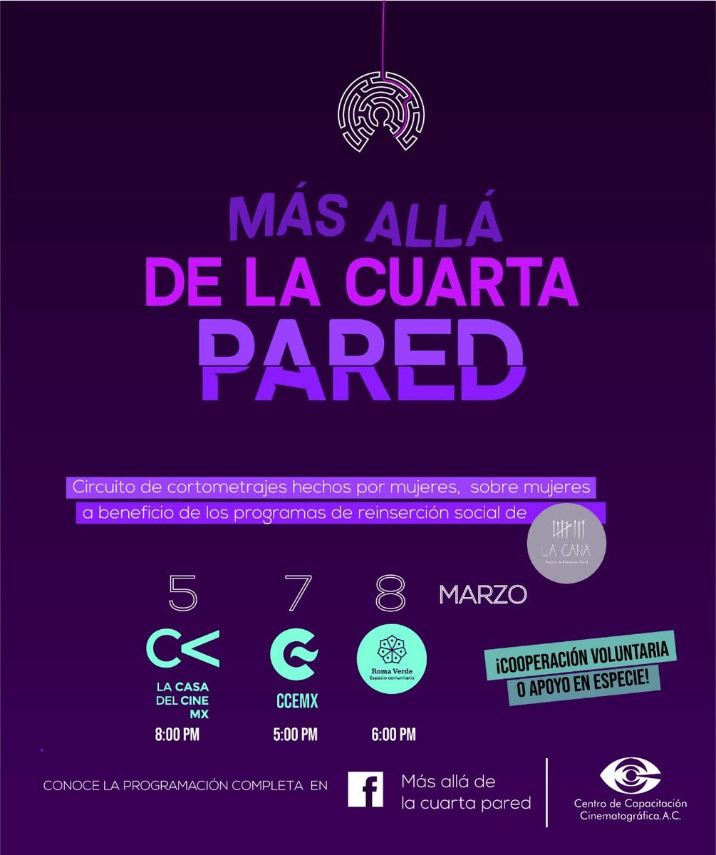 Mis alumnos del CCC tienen como tarea PRODUCIR un evento a beneficio y este es el resultado: Tres días de proyecciones de cortometrajes hechos por mujeres sobre mujeres a beneficio de los programas de reinserción social de La Cana. #MujeresDirectoras
#Cinemexicano