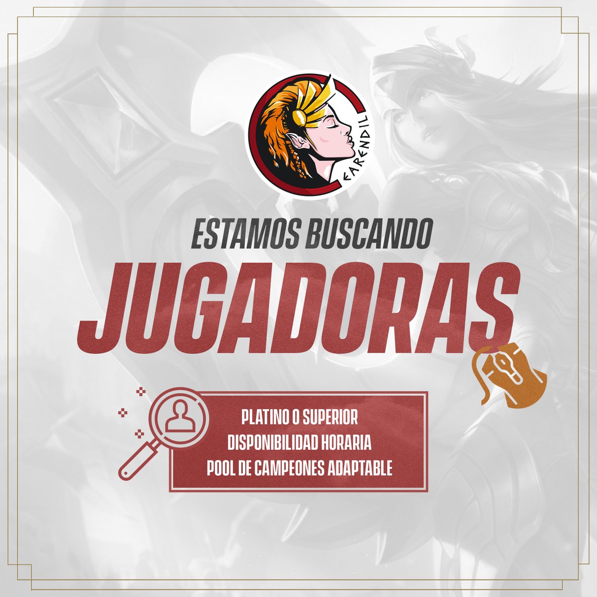TeamEarendil's tweet photo. ¡Estamos en búsqueda de jugadoras para nuestra escuadra titular de League of Legends! 🌟
Llena el siguiente formulario para postular📋:
https://t.co/Ss0GW6LW66
#GOERL https://t.co/mP4lrGsCJV