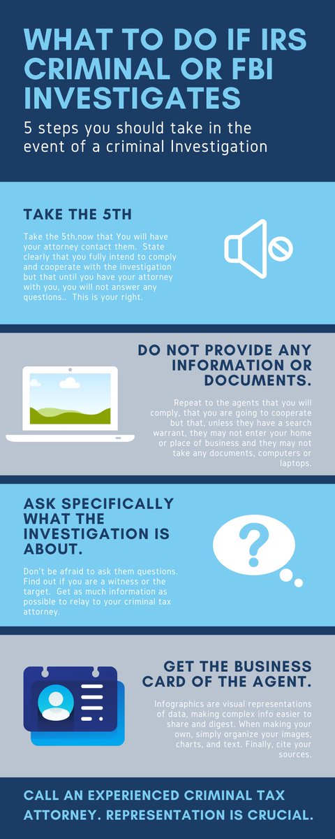What to do if you are contacted by IRS Criminal or FBI | Milikowsky Tax Law hubs.ly/H0n4JDH0 [INFOGRAPHIC] #irsaudit #irstaxlaw #audit #taxlawyer #effectiverepresentation #irsinvestigation #taxaudit