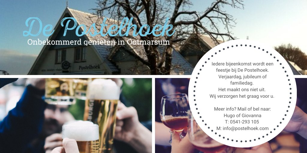 Wist u dat De Postelhoek een super geschikte locatie is voor een feestje of bijeenkomst? Probeer het eens!  Belt of  mailt u ons voor meer informatie.