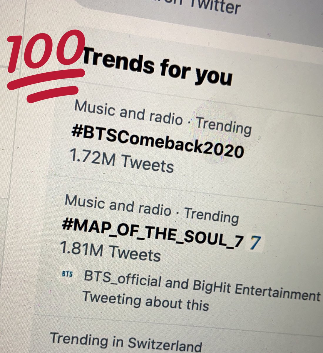 kimbyeolxo's tweet photo. BTS TRENDING IN SWITZERLAND TOO ❤️ #MAP_OF_THE_SOUL_7 #MOTS7 https://t.co/We5HwQMujX