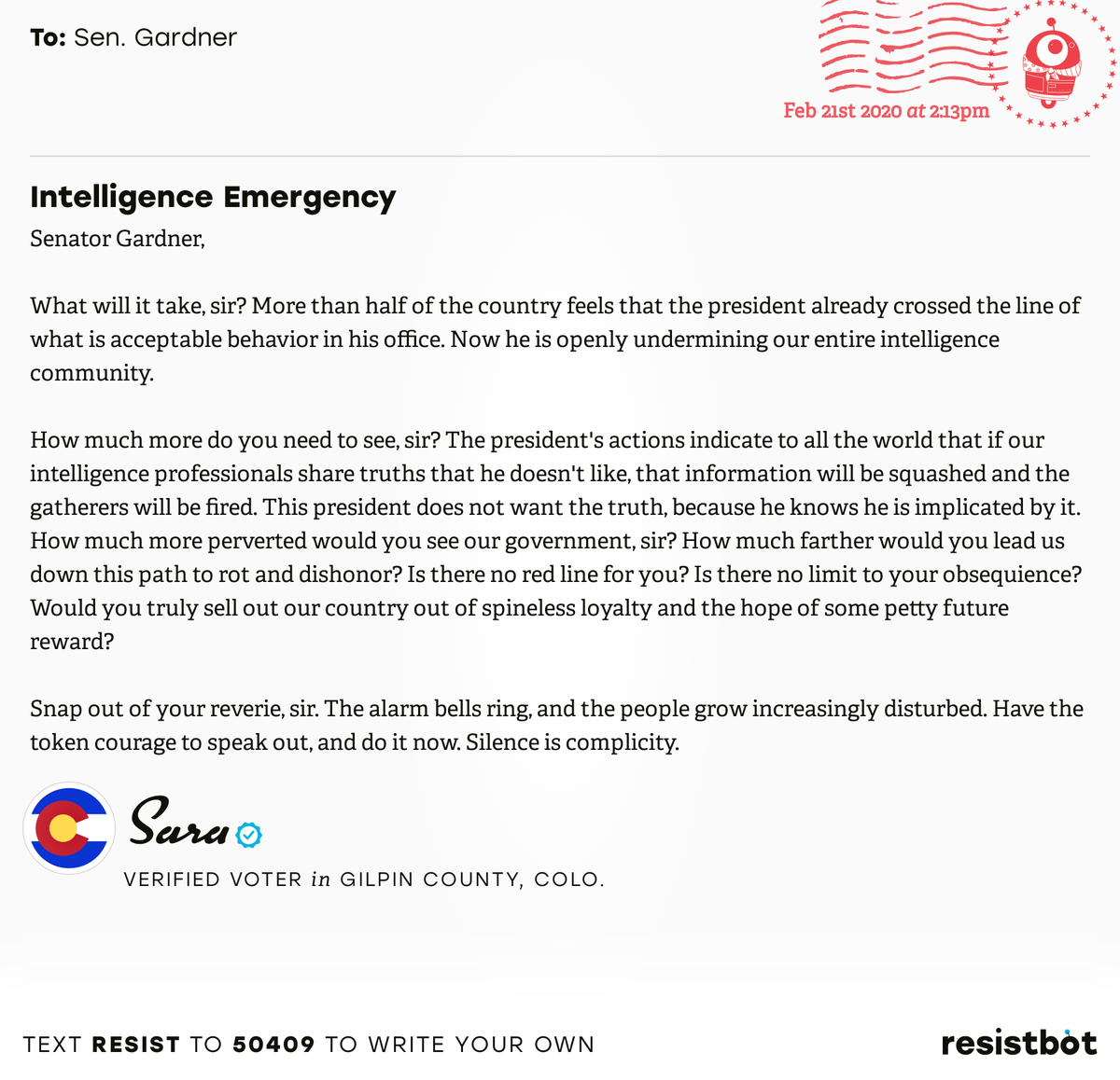openletterbot's tweet photo. 📬 I just delivered this letter from Sara, a 🗳 verified voter in Black Hawk, Colo., to @SenCoryGardner #CO02 #COpolitics

📝 Write your own: https://t.co/z5540KFSKD https://t.co/lvLOnUDzKP