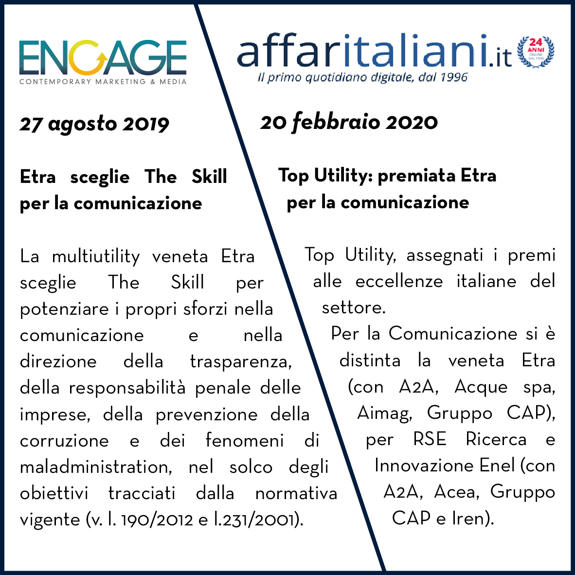 TheSkill_eu's tweet photo. 🥇Etra, multiutility che gestisce i servizi ambientali e idrici di 70 comuni tra le province di Vicenza, Padova e Treviso e con cui The Skill collabora, si è aggiudicata il #Premio #TopUtility sul fronte della #comunicazione. Ne scrive @Affaritaliani 
https://t.co/vKMhcOQd4Z https://t.co/VpSoQuUPn8