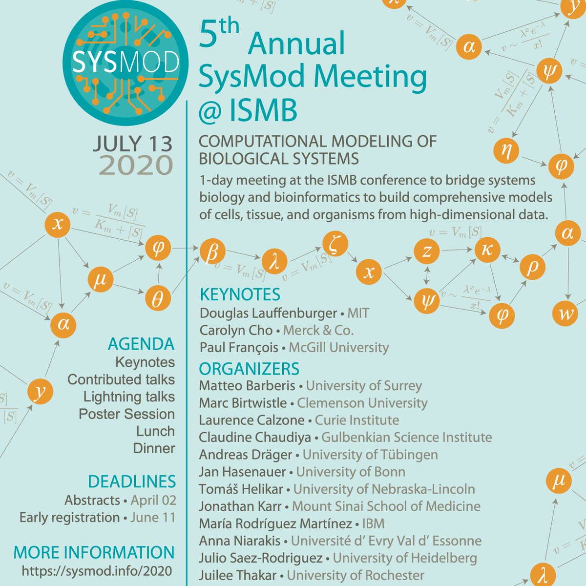 SysMod (@cosi_sysmod) on Twitter photo The 5th annual SysMod Meeting at the #ISMB2020 conference is coming up in Montréal
We proudly present our keynote speakers
Douglas Lauffenburger <a href="/MIT/">Massachusetts Institute of Technology (MIT)</a>
Carolyn Cho <a href="/Merck/">Merck</a>
Paul François <a href="/mcgillu/">McGill University</a>
Submit your abstract at
iscb.org/ismb2020-submi…
We are looking forward to seeing you! The 5th annual SysMod Meeting at the #ISMB2020 conference is coming up in Montréal
We proudly present our keynote speakers
Douglas Lauffenburger <a href="/MIT/">Massachusetts Institute of Technology (MIT)</a>
Carolyn Cho <a href="/Merck/">Merck</a>
Paul François <a href="/mcgillu/">McGill University</a>
Submit your abstract at
iscb.org/ismb2020-submi…
We are looking forward to seeing you!