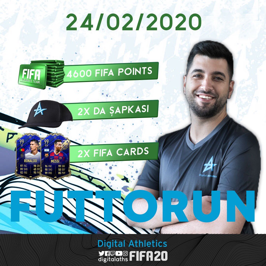 Çekiliş Zamanı!
24 şubat pazartesi canlı yayında izleyicilerimizden çekilişi kazananlara 4600 FP, 2 Adet Digital Athletics Şapkası ve 2 adet istediği herhangi bir oyuncu kartını hediye ediyoruz.
Koşullar <a href="/digitalaths/">Digital Athletics</a> ve <a href="/futtorun/">FutTorun</a> hesabını takip edip bu tweeti rtlemek.
Bol şanslar