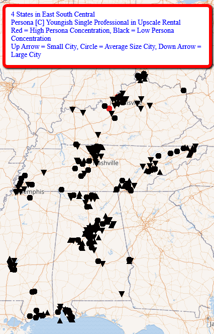 BlockFacts's tweet image. Here are #BlockFactsData on 2 sets of demographics (“personas”) for cities in 4 East South Central states with high/low percentages of persona. Data are from our FREE tools at zcu.io/7hJy. Watch for 3 posts for each of 9 weekdays to cover 5 personas in all states.