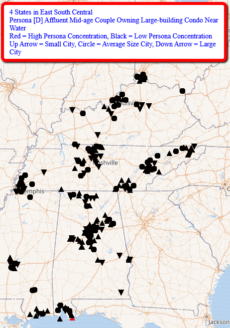 BlockFacts's tweet image. Here are #BlockFactsData on 2 sets of demographics (“personas”) for cities in 4 East South Central states with high/low percentages of persona. Data are from our FREE tools at zcu.io/7hJy. Watch for 3 posts for each of 9 weekdays to cover 5 personas in all states.