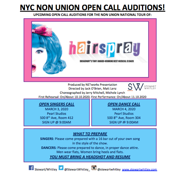 HAIRSPRAY Non-Union National Tour Open Calls on 03/03 and 03/04! 🔔🦀🎤👩🏼‍🤝‍👨🏾🎀🎶🎵🎼#castingby #stewartwhitley #nationaltour #broadway #theatre #opencall #audition