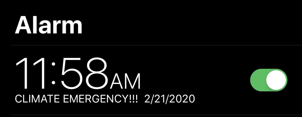 climate_bell's tweet photo. Ankeny, Iowa, USA

February 21, 2020

Make the #ClimateEmergency impossible to ignore.

Set your phone alarm to 11:58 am every day.

I work at home, so my alarm is usually heard only by me. Tell us your story.

#RingTheBellForClimate https://t.co/0ARKraQKfj