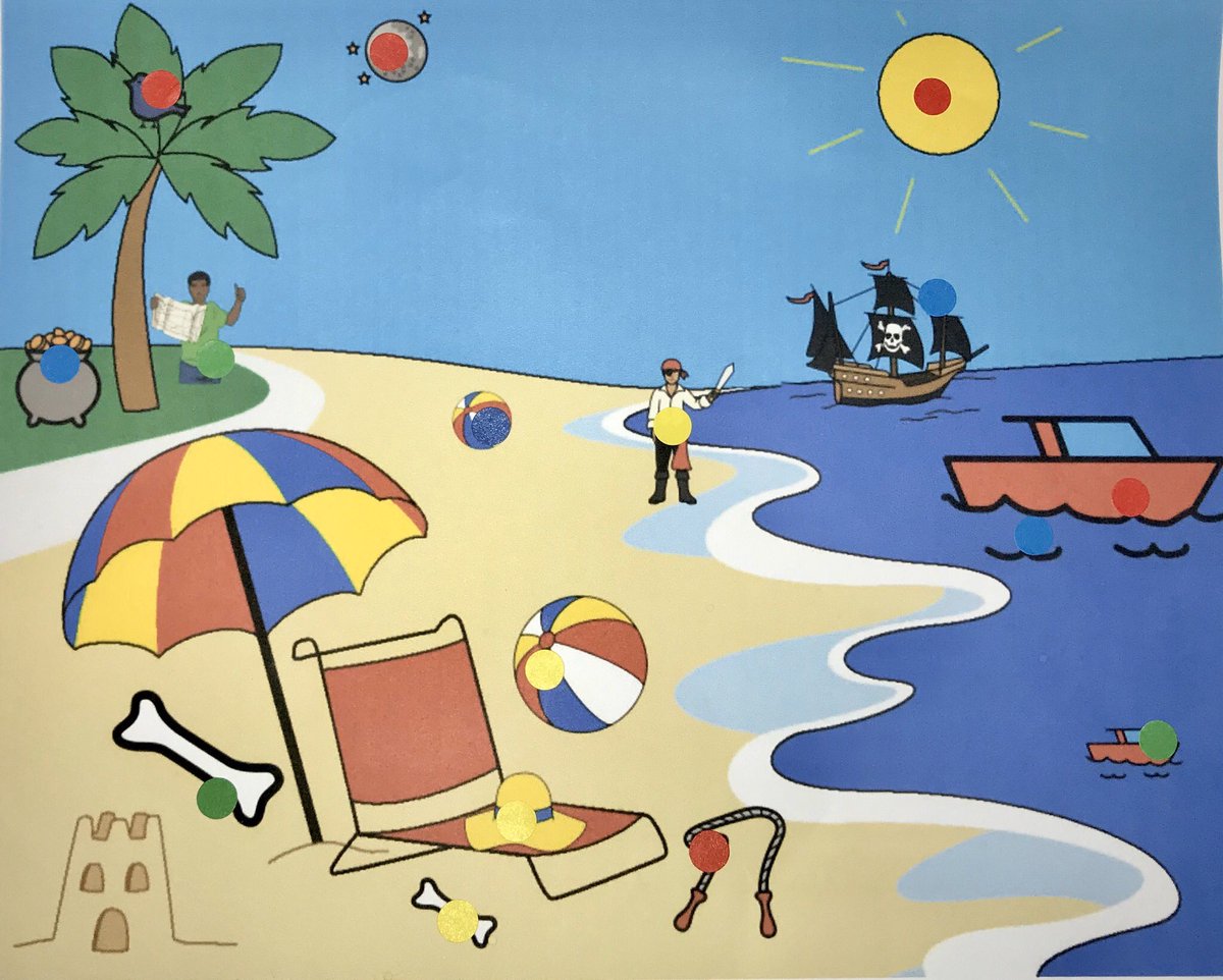SpeechStuffSLT's tweet photo. Fun therapy session this afternoon practicing end sounds. A treasure hunt looking for pictures and when we found them we stuck on a coloured dot. Phrase and sentence practice with end sounds e.g. ‘red dot on sun’ - #speechtherapy #speechsounds #FCD #multiplepairs #fun #pirates https://t.co/x8bPme4uTK