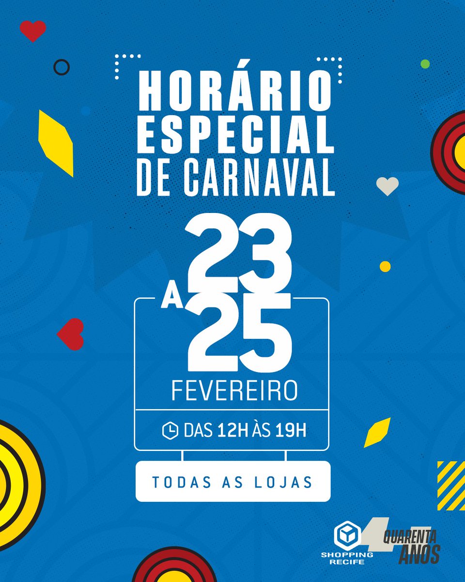 Tá lembrado do nosso horário especial, né? 🎉

Todas as lojas estarão abertas de hoje (23) até a terça de Carnaval (25) das 12h às 19h. Vem aproveitar! 🤩🛍🍕🍦✨

#CarnavalSR #carnaval #IssoÉMuitoRecife #40anosSR