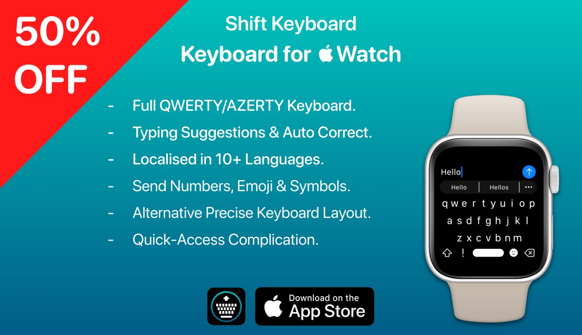 WristBoardApp's tweet photo. Shift Keyboard is currently 50% off for a limited time only!
Add a full keyboard to your wrist for only $0.99/£0.99!
Get it here: https://t.co/tM2BP3rLxr
#AppleWatchKeyboard #Discount #AppDiscount #AppleWatch #ShiftKeyboard #KeyboardForAppleWatch https://t.co/nmztbccjIn