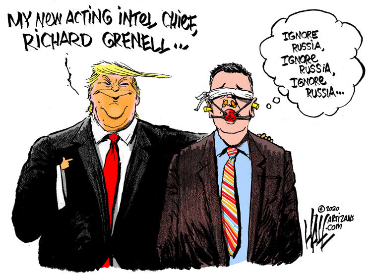 halltoons's tweet photo. Weekend syndicate cartoon. Thanks for sharing! #RichardGrenell #lapdog #trumplapdog #trumployalist #Intelligence #Intel #Russia #RussianCollusion #2020election @AprilDRyan @MaggieJordanACN @laloalcaraz @co_rapunzel4 https://t.co/qAzWI5ZaIt