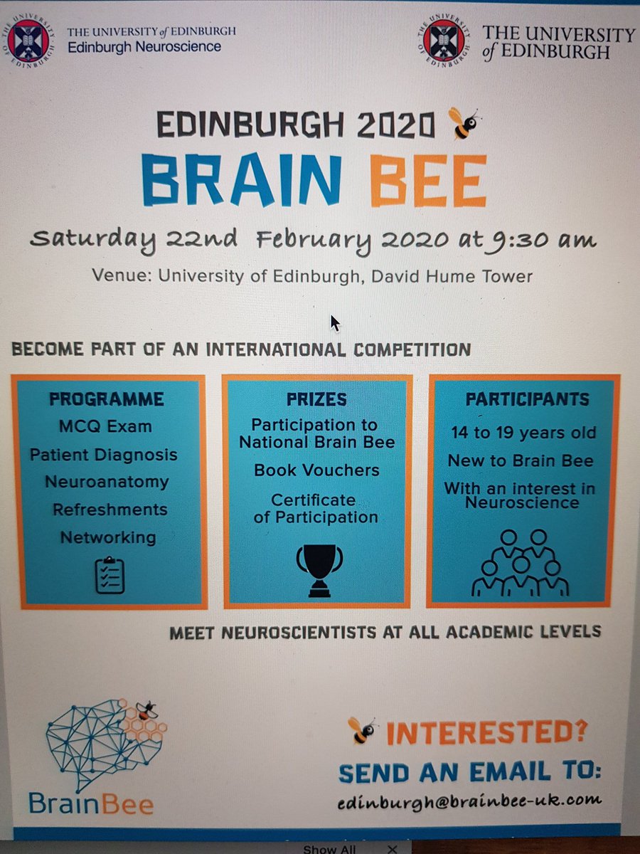 I am proud of the Edinburgh Brain Bee team in preparing the Brain Bee competition on 22 Feb 2020 (tomorrow). It is a competition that promotes neuroscience to high school students. See the poster for details.
