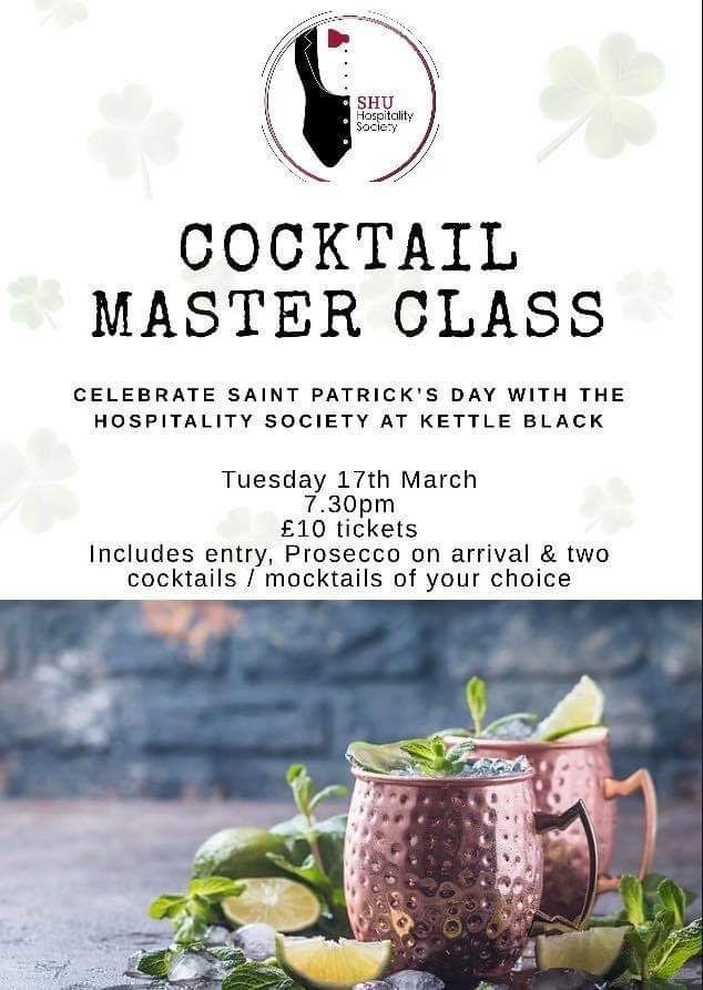 Join us for our St Patrick's Day Celebrations on the 17th March. Wear something green!! Tickets can be purchased by clicking on the event on our Society website buff.ly/2VijunE. £10 tickets include 2 cocktails/mocktails, prosecco on arrival and our very own area! 🍀 🍀