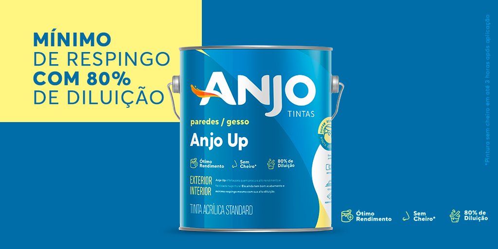 AnjoTintas's tweet photo. Alto rendimento e ótimo acabamento. A nossa tinta Anjo Up é indicada para proteção e decoração de superfícies externas e internas de reboco, concreto, gesso, massa acrílica, massa corrida, texturas e fibrocimento. Acesse https://t.co/XbKMhXbdKT e saiba mais. #pintura #rendimento https://t.co/1qMQe3DWv2