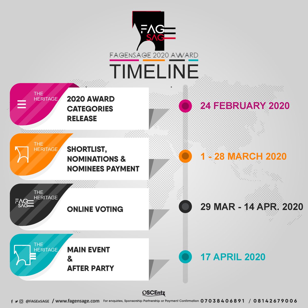 FAGEnSAGE's tweet photo. FAGEnSAGE 2020 journey to The Heritage Begins!
Image herein shows the Timeline of how FAGEnSAGE 2020 is going down.
2020 marks The Heritage!
Discover more about FAGEnSAGE here:
https://t.co/TqRM2N6LdH
#fagensage #fagensage2020 #award #oscentz #oyesource #fage #sage https://t.co/nlMHWKUBYO