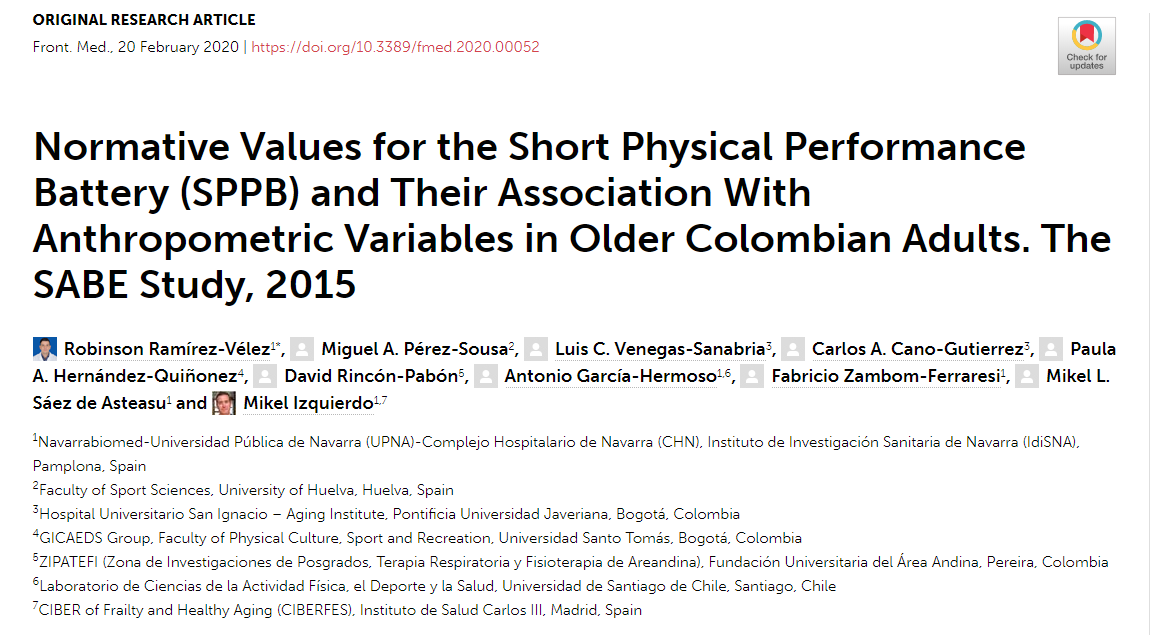 Normative Values for the Short Physical Performance Battery (SPPB) and Their Association With Anthropometric Variables in Older Colombian Adults. The SABE Study, 2015.
#PhysicalFunction #Mobility #OlderPeople #ReferenceValues
doi.org/10.3389/fmed.2…