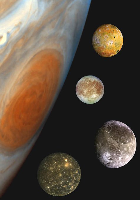Jupiter (with Red Spot) in left side of image and 4 moons of Jupiter (Io, Europa, Ganymede and Callisto).