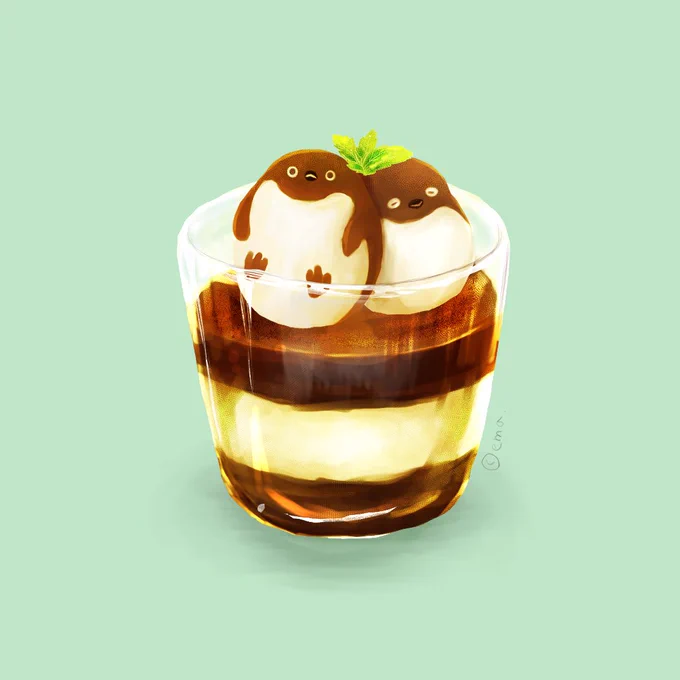 プリンカップに入ったティラミス。#penguin #ペンギン #アデリーペンギン #ティラミス 
